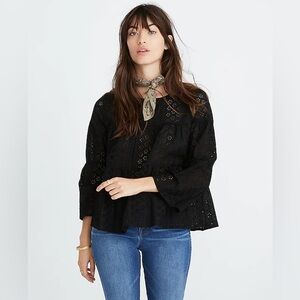 Madewell Floral Eyelet Tiered Button-Back Top in True Black Extra Small
